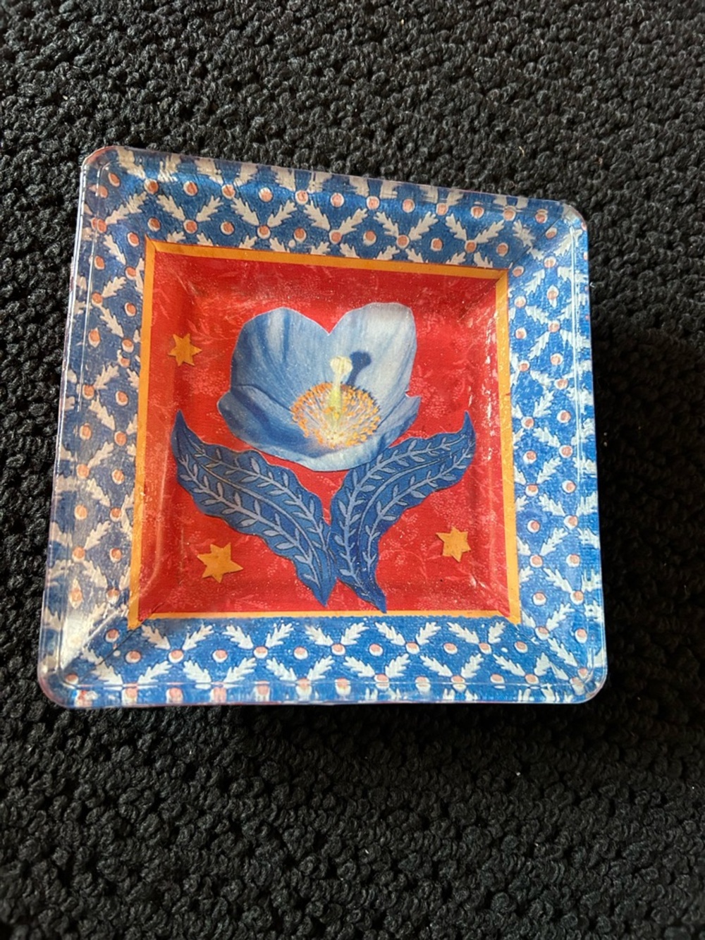 Decorative Blue Floral Square Glass Dish